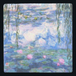 Monet Pink Water Lilies  Stone Coaster<br><div class="desc">A Monet pink water lilies stone coaster featuring beautiful pink water lilies floating in a calm blue pond with lily pads. A great Monet gift for fans of impressionism and French art. Serene nature impressionism with lovely flowers and scenic pond landscape.</div>