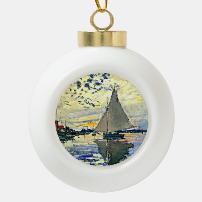 Monet - Sailboat at le Petit Gennevilliers Ceramic Ball Christmas Ornament (Front)
