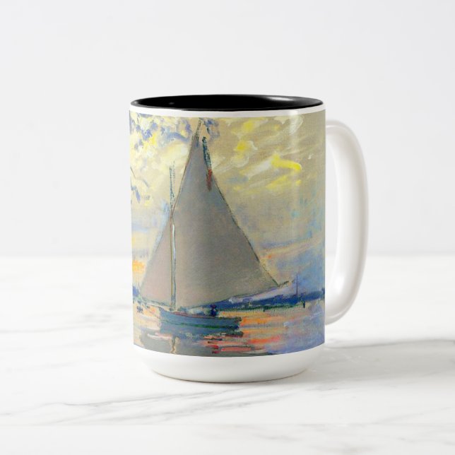 Monet Sailboat at Le Petit-Gennevilliers Two-Tone Coffee Mug (Front Right)