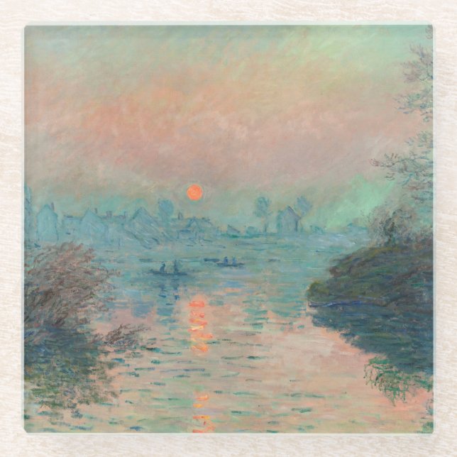 Monet Sunset on the Seine Fine Art Impressionism  Glass Coaster (Front)