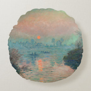 Monet Sunset Seine Fine Art Impressionism Round Cushion