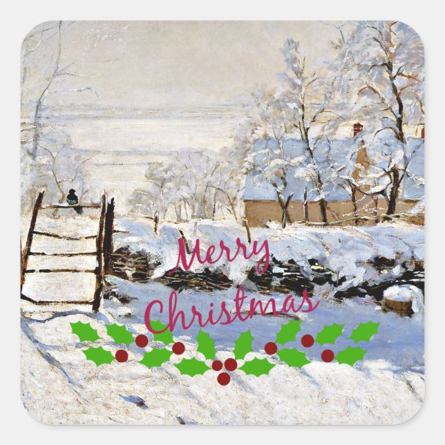 Monet - The Magpie with Christmas holly Square Sticker (Front)