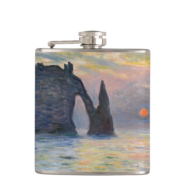 Monet - The Manneport, Cliff at Etretat, Sunset Hip Flask (Front)
