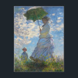 Monet The Promenade Woman with a Parasol Postcard<br><div class="desc">Claude Monet The Promenade Woman with a Parasol postcard. Oil painting on canvas from 1875. One of Monet’s most charming early works, The Promenade features a young woman and child standing in a field above yellow wildflowers. The woman holds a green and blue parasol as the wind pulls her veil...</div>