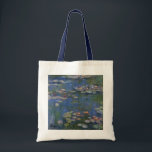 MONET Water Lilies 1916 Tote  Bag navy handles<br><div class="desc">French Impressionist painter, Claude Monet painted this Water Lilies --- 1916, originally as an oil on canvas painting from the inspirations of his own backyard in early 20th Century France. Being 76 years of age when he painted this water lily pond creation, Monet's cataracts were progressing and changing his perception...</div>