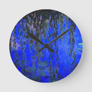 Monet Water Lilies and Weeping Willow Branches Round Clock