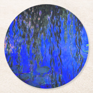 Monet Water Lilies and Weeping Willow Branches Round Paper Coaster
