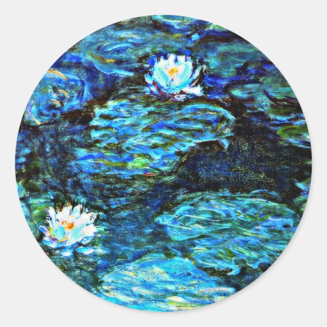 Monet - Water Lilies Blue, famous painting Classic Round Sticker (Front)