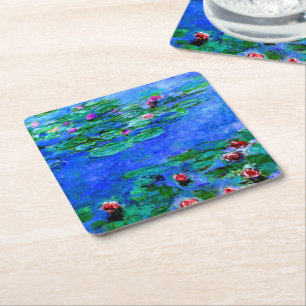 Monet - Water Lilies (red) Square Paper Coaster