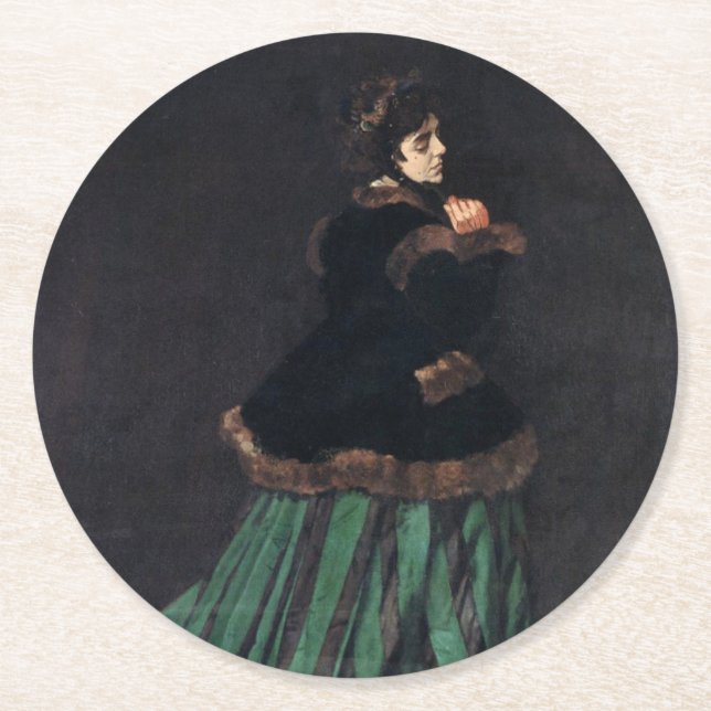 Monet Woman in Green Dress Round Paper Coaster (Front)