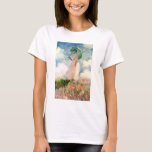 Monet Woman With A Parasol T-shirt<br><div class="desc">Monet Woman with a Parasol t-shirt. Tempera on Canvas from 1886. One of French Impressionist Claude Monet’s most striking studies, Woman with a Parasol features a beautiful woman standing in a white dress with red corsage holding a green parasol as her blue scarf blows in the hot summer breeze. The...</div>