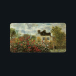 Monet's Garden at Argenteuil by Claude Monet Label<br><div class="desc">The Artist's Garden in Argenteuil (A Corner of the Garden with Dahlias) (1873) by Claude Monet is a vintage impressionism fine art floral nature painting. A country farm house is in the background. A couple in love is walking past a romantic spring season garden with blooming roses and other flowers....</div>