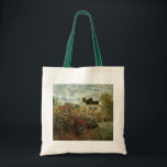 Monet's Garden at Argenteuil by Claude Monet Tote Bag<br><div class="desc">The Artist's Garden in Argenteuil (A Corner of the Garden with Dahlias) (1873) by Claude Monet is a vintage impressionism fine art floral nature painting. A country farm house is in the background. A couple in love is walking past a romantic spring season garden with blooming roses and other flowers....</div>