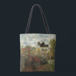 Monet's Garden at Argenteuil by Claude Monet Tote Bag<br><div class="desc">The Artist's Garden in Argenteuil (A Corner of the Garden with Dahlias) (1873) by Claude Monet is a vintage impressionism fine art floral nature painting. A country farm house is in the background. A couple in love is walking past a romantic spring season garden with blooming roses and other flowers....</div>