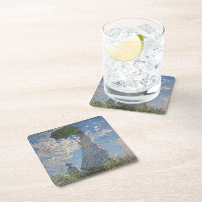 Monet's Woman with Parasol,Impressionist Landscape Square Paper Coaster (Insitu)