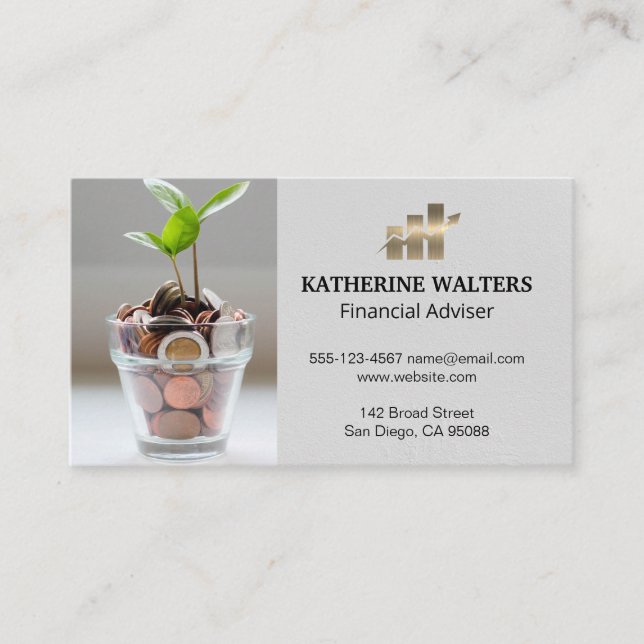 Money Bag | Change Plant | Bar Graph Logo Business Card (Front)