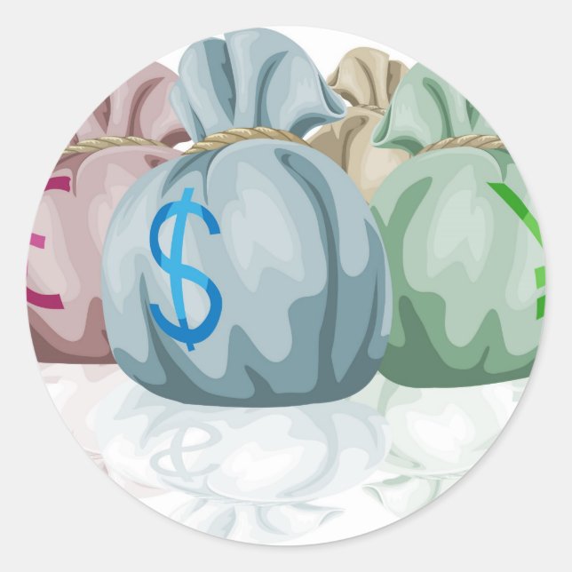 Money bag sacks containing currencies classic round sticker (Front)