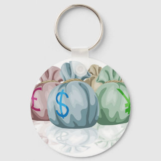 Money bag sacks containing currencies key ring