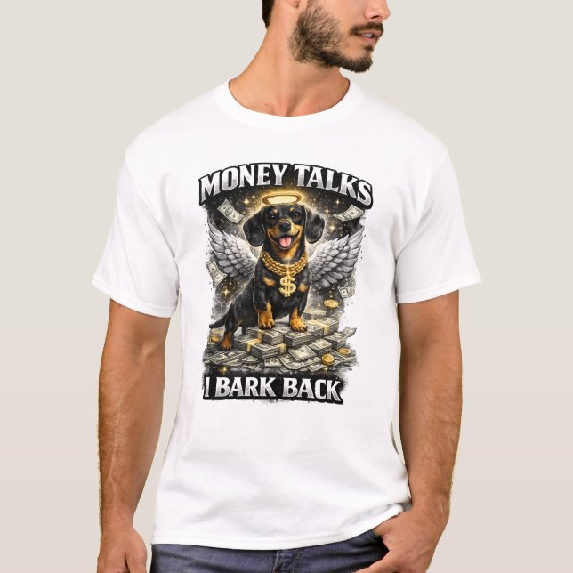 Money Dog Angel Rich Black Dog Funny Design T-Shirt (Front)