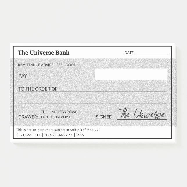 Money Manifestation Silver Glitter Blank Check Post-it Notes (Front)