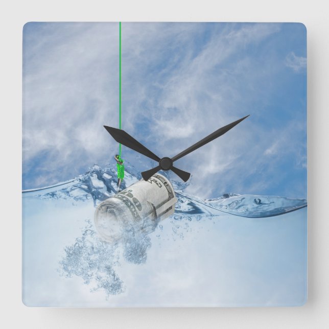Money on fish hook square wall clock (Front)