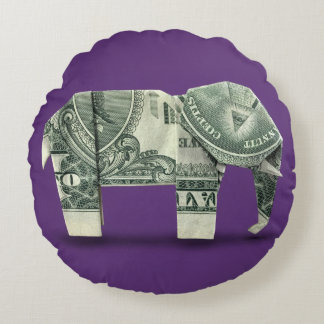 Money Origami Elephant Round Cushion