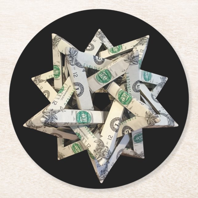 Money Origami Five Intersecting Tetrahedra Round Paper Coaster (Front)