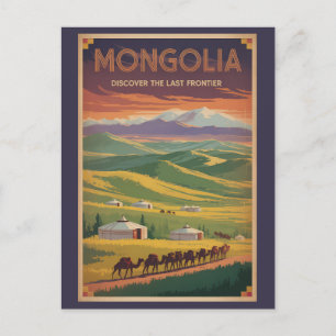 Mongolia Camels Yurt Illustration Travel Art Retro Postcard
