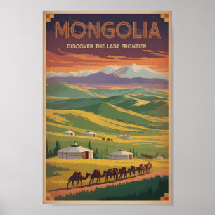 Mongolia Camels Yurt Illustration Travel Art Retro Poster