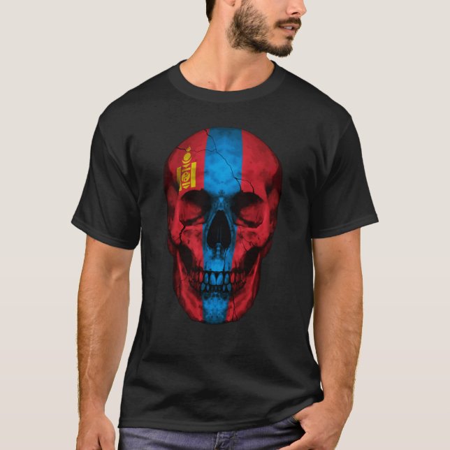 Mongolia Flag Skull Mongolian Roots Proud Patrioti T-Shirt (Front)
