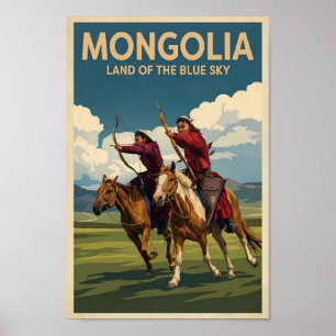 Mongolia Horsemen Illustration Travel Art Vintage Poster