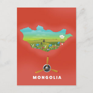 Mongolia Illustrated map tourism poster. Postcard