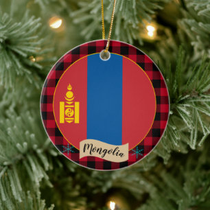 Mongolia, Red buffalo plaid & Mongolian Flag Ceramic Ornament
