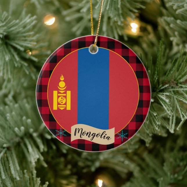 Mongolia, Red buffalo plaid & Mongolian Flag Ceramic Ornament (Tree)