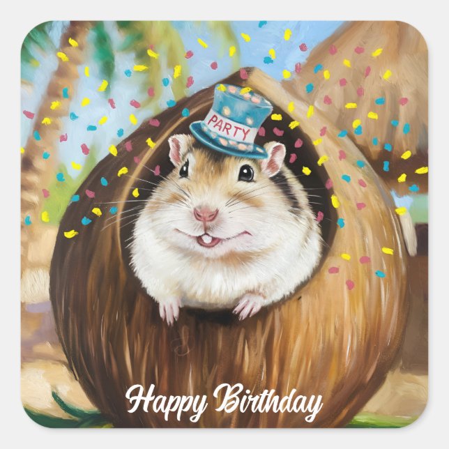 Mongolian Gerbil in coconut house Square Sticker (Front)