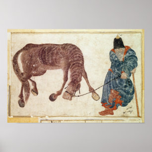 Mongolian nomad taking his horse to water poster