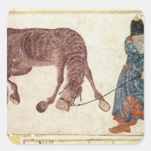Mongolian nomad taking his horse to water square sticker