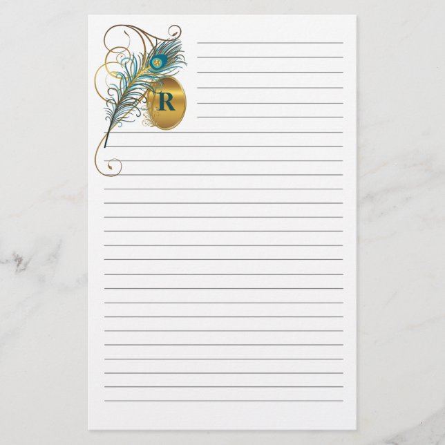 Mongrammed Peacock Teal and Gold Lined Wedding Stationery (Front)
