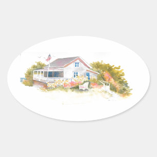 Monhegan Cottage J Kilburn Oval Sticker
