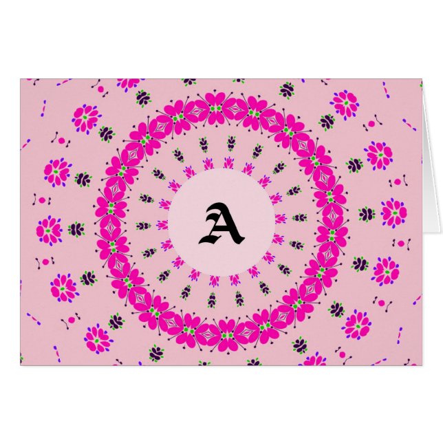 Monigram, Letter A, Blank, Pink with Flowers (Front Horizontal)