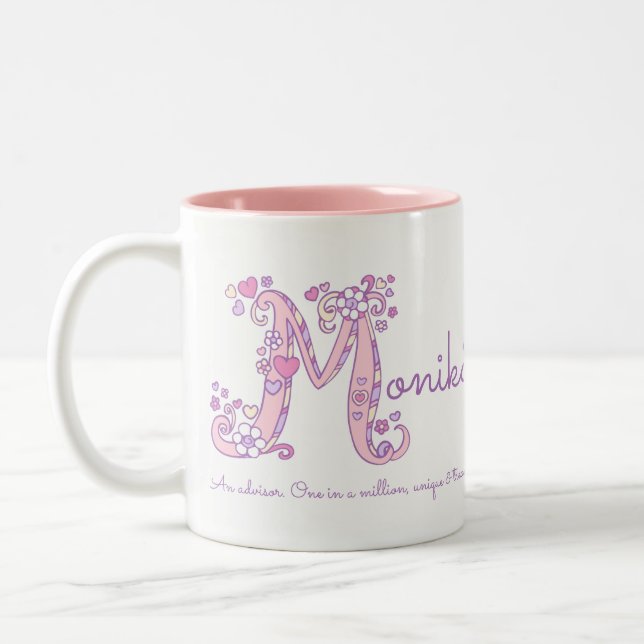 Monika name meaning heart flower M monogram mug (Left)