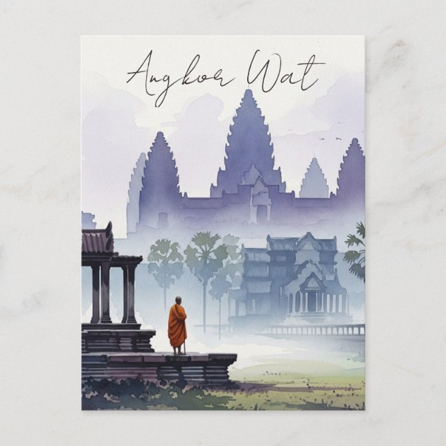 Monk at Angkor Wat Cambodia Watercolor Postcard (Front)