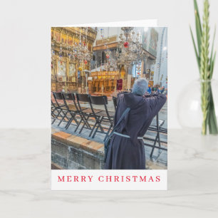 Monk in Bethlehem church view Christmas card 