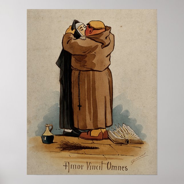 Monk kissing Nun, Love Conquers All, Vintage Poster (Front)
