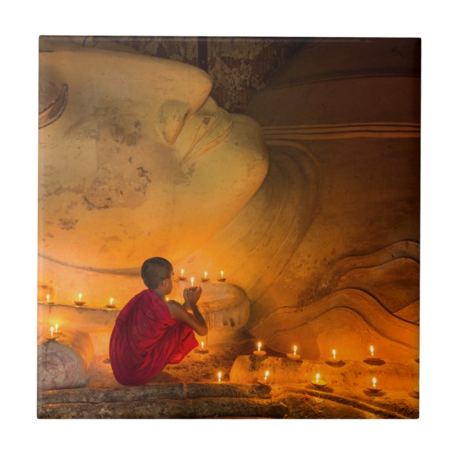 Monk Praying By A Buddha Ceramic Tile (Front)