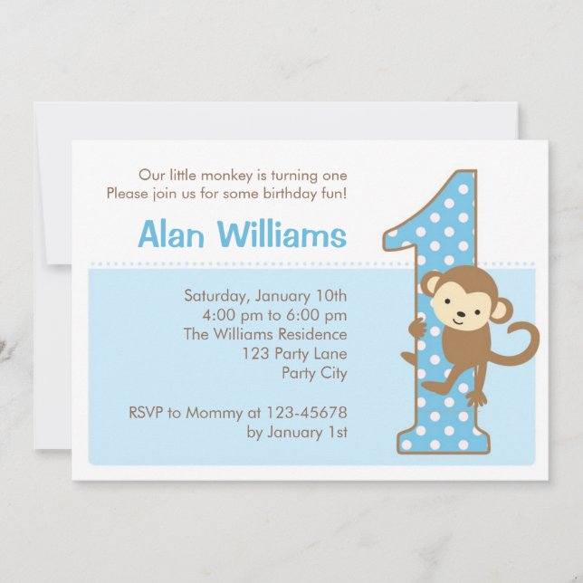 Monkey 1st Birthday Invitation for Boys (Front)