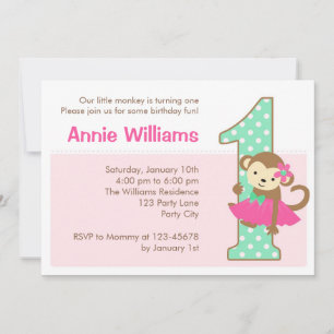 Monkey 1st Birthday Invitation for Girls with Tutu