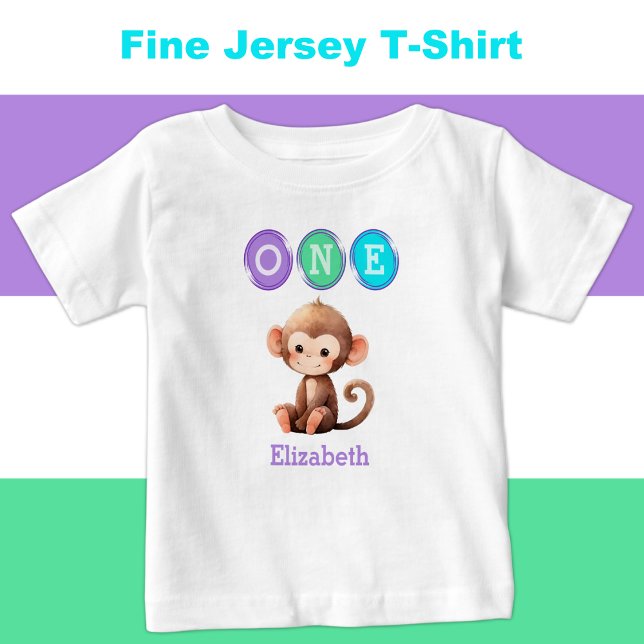Monkey 1st Birthday one with name purple Baby T-Shirt (Creator Uploaded)