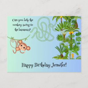 Monkey and bananas maze birthday postcard