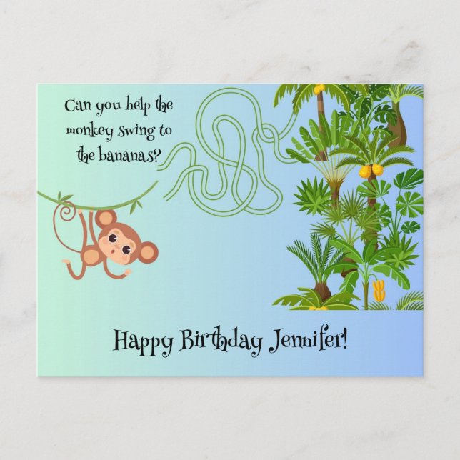 Monkey and bananas maze birthday postcard (Front)